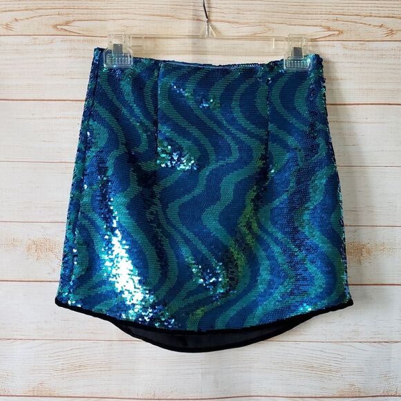 Zara Sequin High Waisted Mini Skirt in Blue and Green Wave Pattern Retro Size XS - Picture 5 of 12